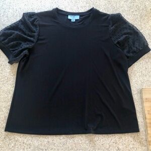 Elegant Black Sheer Swiss Dot Short Puff Sleeve Crewneck Pullover Top XL